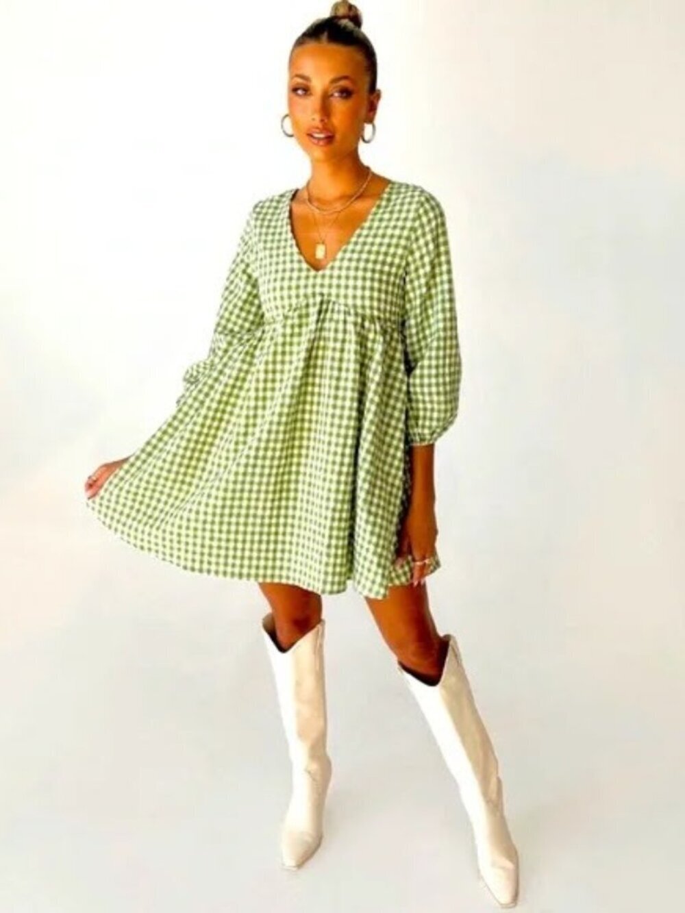 Princess Polly Babydoll Green Gingham Mini Dress